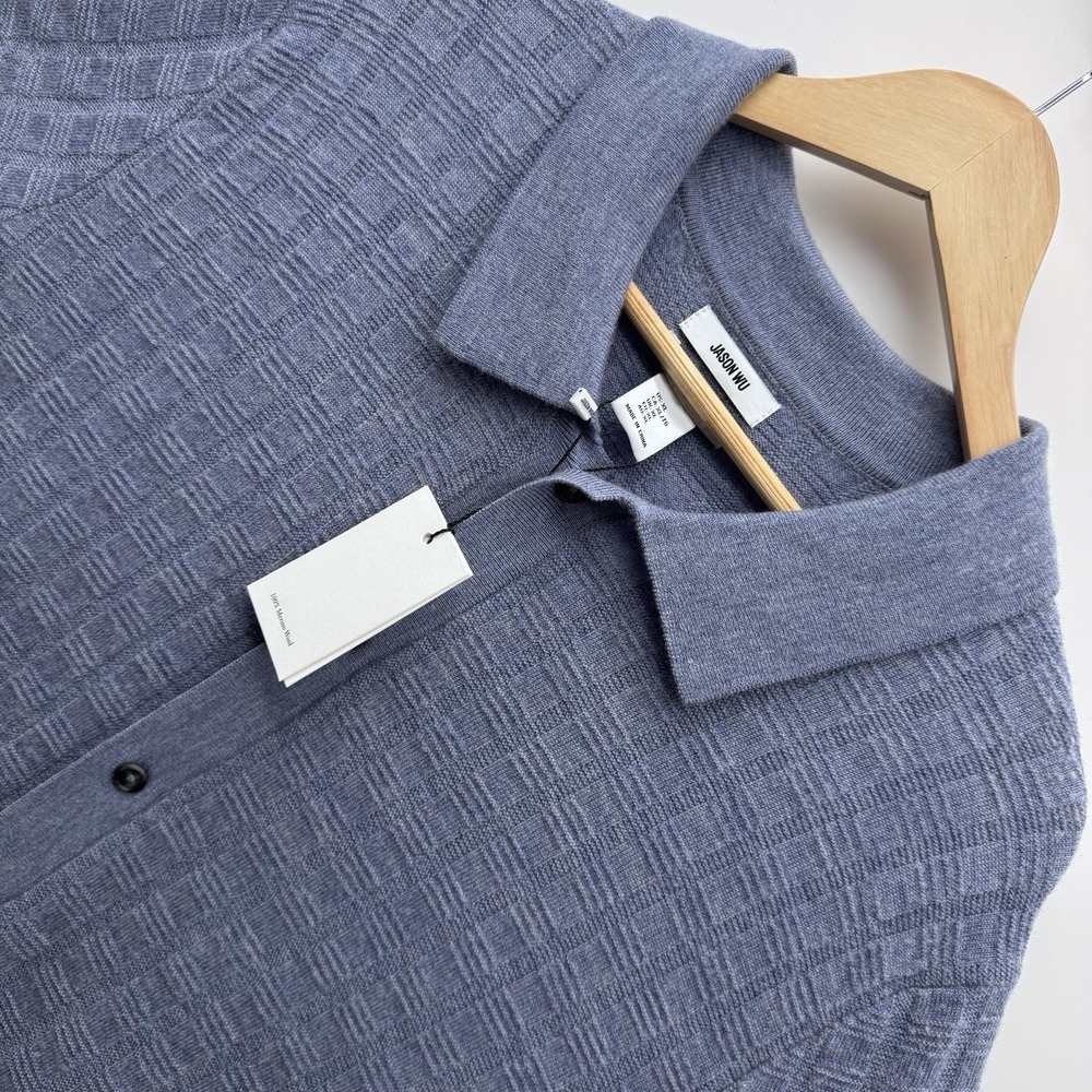 Jason Wu Shirt Mens XL Blue Merino Wool Short Sleeve Knit Button Up Casual